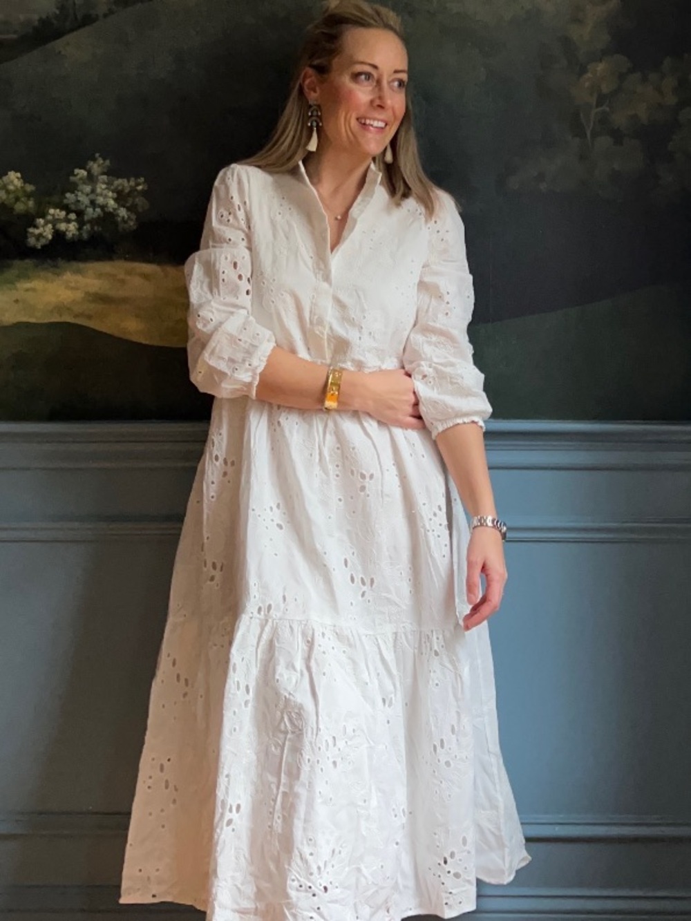 Women's White Eyelet Midi Dress with V-Neck